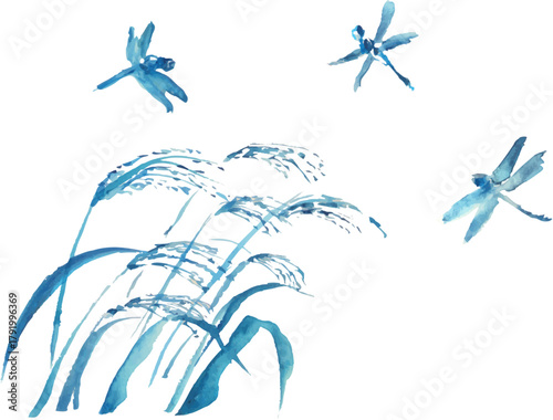 ススキとトンボのイラスト　ベクター