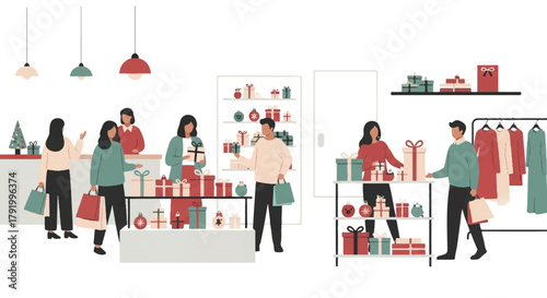People actively shopping for gifts in a modern retail store during the festive holiday season, surrounded by various presents and cheerful shoppers, embodying the spirit