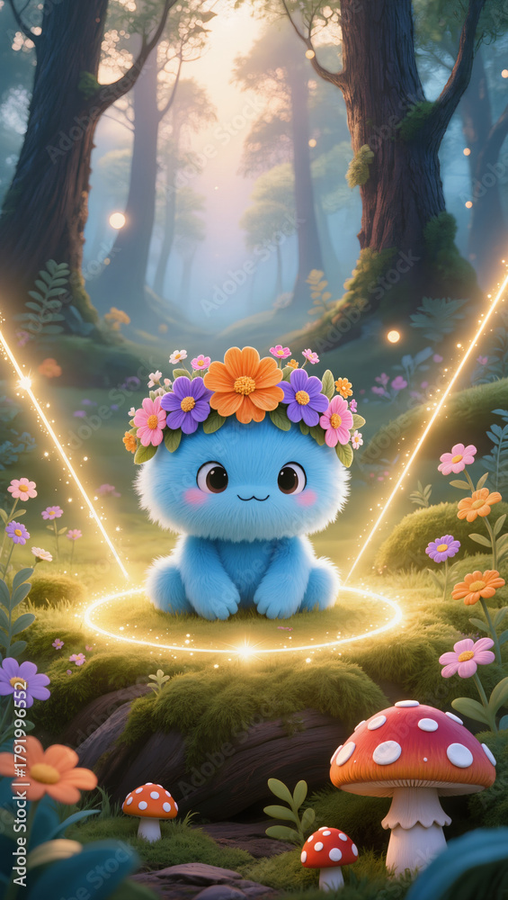 Obraz premium A fluffy blue creature with a flower crown sits shyly in an enchanted forest glade, surrounded by glowing golden light, vibrant flowers, and red toadstools in a dreamy, magical atmosphere.