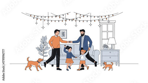 Joyful Family Gathering: A tender moment of a family inside the home, kids are playing, the atmosphere is full of joy. and a sense of harmony. 
