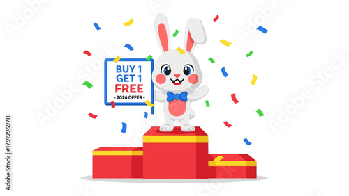 Buy One Get One Free: A delightful cartoon rabbit stands triumphantly atop a winner's podium, offering a vibrant Buy One Get One Free deal, amid a festive shower of colorful confetti.