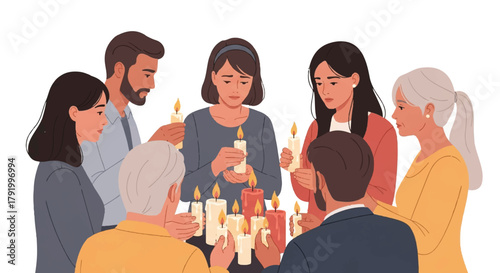 A group of people of diverse ages and ethnicities gather around a circle of lit candles, symbolizing remembrance and shared grief