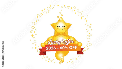 Lucky Offer: A cheerful star character, the beacon of a lucky offer, radiates joy and beckons with a tempting discount. This image invites opportunity.