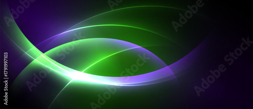 Abstract design features flowing curves, vibrant purple, green hues. Bright light emanates from central point, creating dynamic visual effect.