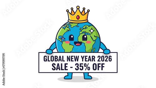 Global New Year 2026 Sale: A cute Earth character, adorned with a crown, joyfully presents a sign advertising a special Global New Year 2026 SALE - 35% OFF.