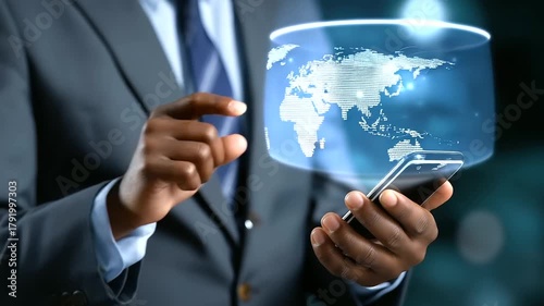Wallpaper Mural Defocused businessman in suit with sharp focused smartphone displaying global network and data integration overlay, with copy space Torontodigital.ca
