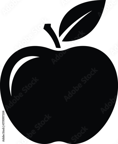 Simple black silhouette of a fresh apple with a stem and leaf