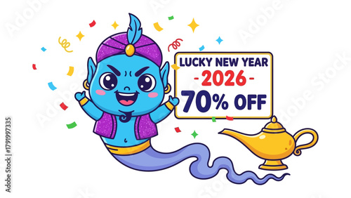 Genie's New Year Offer: A playful genie extends an invitation to a lucky new year filled with opportunities, with a tempting offer of a significant discount.