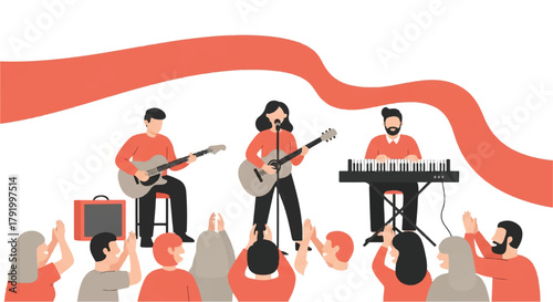 Dynamic Live Band Performance Engaging a Cheering Crowd at an Indoor Concert Venue, Capturing the Excitement of a Musical Event