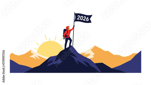 Reaching the Summit in 2026: An individual plants the flag of the new year, embodying the spirit of aspiration and determination, conquering a majestic peak with the dawn of a new year.