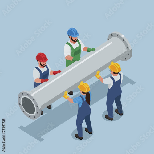 Teamwork in Industrial Pipe Installation with Safety Gear.