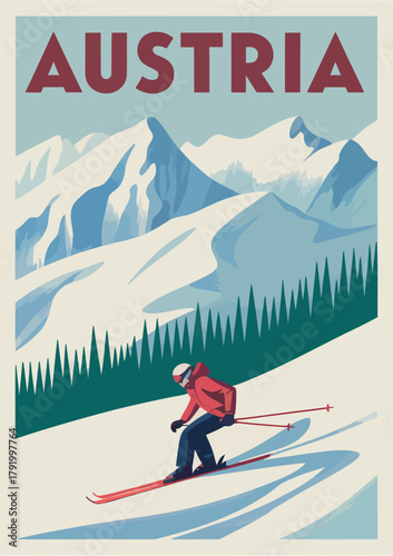 Ski resort retro travel poster with mountain landscape and winter adventure theme
