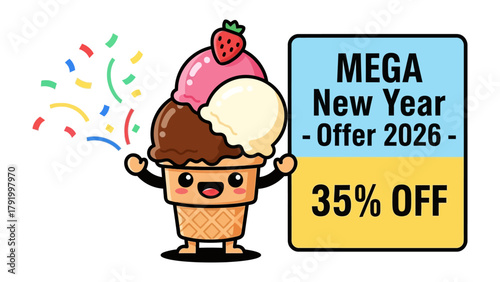 Mega New Year Ice Cream Offer: A cheerful ice cream cone, laden with three delectable scoops of flavor and a vibrant strawberry, joyfully presents a Mega New Year - Offer 2026 - 35% OFF sign.