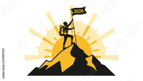 Conquering New Heights: A determined figure stands atop a mountain peak, waving a flag symbolizing the year 2026, against a backdrop of a rising sun.