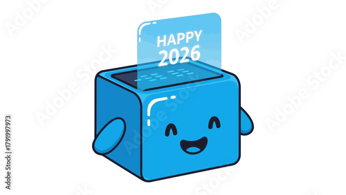 New Year's Cube: A cheerful, cartoon cube, with the year 2026, radiating happiness, offers a glimpse into the future. It's a vision of bright prospects and joy.