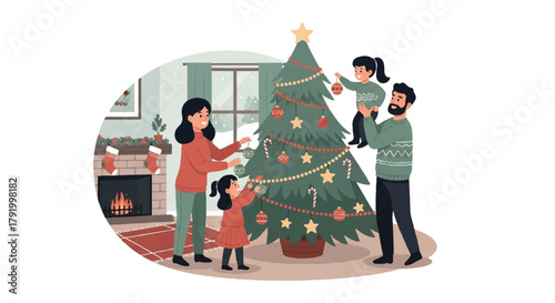 Happy family with children joyfully decorating a Christmas tree together in their cozy home, celebrating the festive winter holiday season
