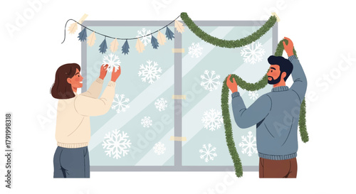 Couple Decorating Window with Garland and Lights for Winter Holidays Vector Illustration