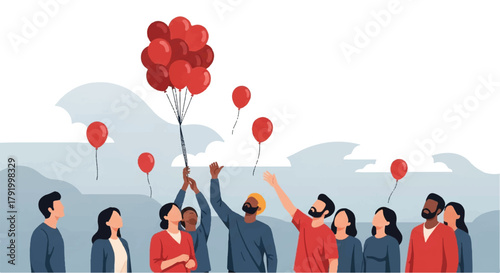 Illustration of a diverse group of people releasing red balloons in a stylized scene with a light blue background and white space.