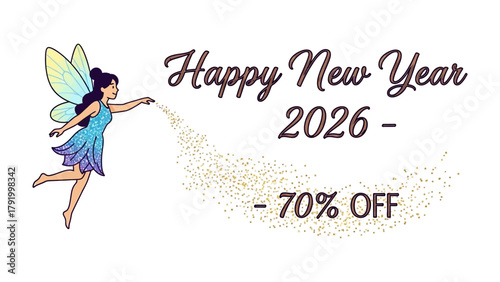 New Year Fairy Discount: A cheerful illustration of a fairy sprinkling gold dust on the words Happy New Year 2026, promoting a special 70% discount.