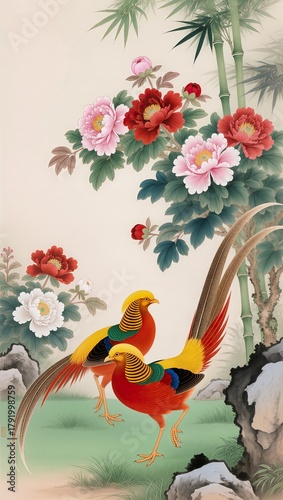 Gongbi style painting in the high court style, showing golden pheasants standing beside peonies in full bloom, symbol of wealth and nobility.
