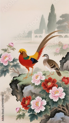 Gongbi style painting in the high court style, showing golden pheasants standing beside peonies in full bloom, symbol of wealth and nobility.