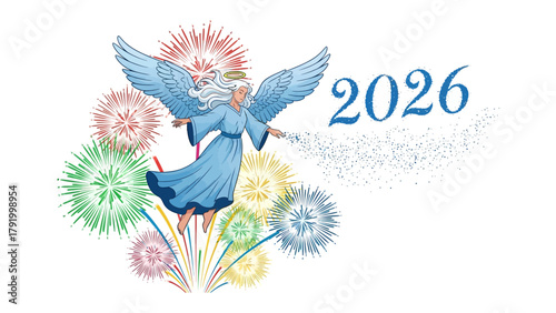 New Year Angel in Fireworks: An angelic figure gracefully floats amidst a burst of vibrant fireworks, accompanied by the year 2026, creating a sense of joy and anticipation.