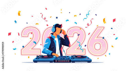 Musical Countdown to 2026: A vibrant illustration showcasing a DJ mixing music, framed by the numerical representation of the year 2026.