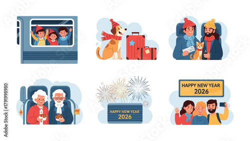 Celebration Journey: Embracing New Beginnings with a Festive Travel. Capturing moments of togetherness and excitement, featuring diverse travelers, including families and couples.

