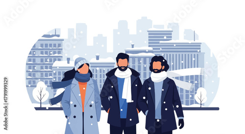 Illustration of three people wearing winter clothing standing together against a city skyline with snowy buildings and trees.