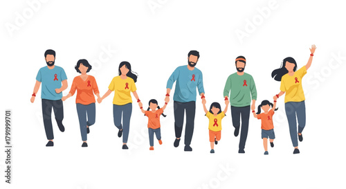 Illustration of a diverse group of people walking hand in hand in a line against a white background with a sense of unity and togetherness.