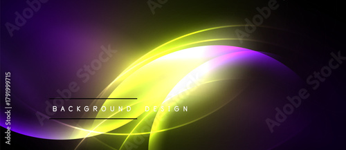Abstract neon glow. Purple, yellow light curves create dynamic background. Modern design elements present sleek visual impact.