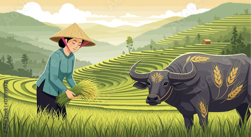 Tranquil rice terrace vista with farmer and water buffalo, Asian countryside