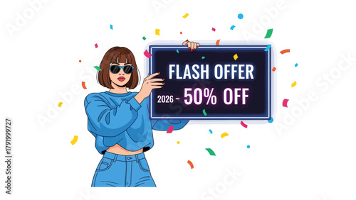 Flash Offer Banner: A stylish figure unveils a promotional sign, advertising a tempting discount with a shower of colorful confetti adding a playful backdrop, promising irresistible savings.
