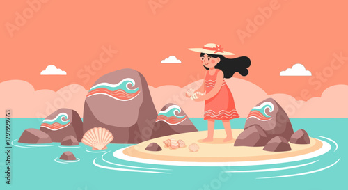 Whimsical seaside illustration of a girl collecting seashells on a tranquil island
