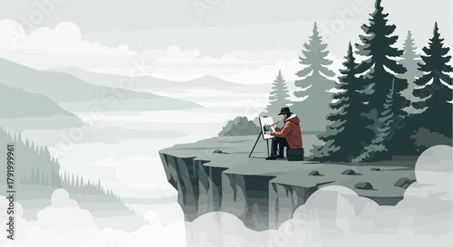 Artist captures serene mountain landscape from clifftop in illustrative style