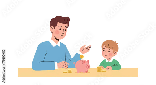 A man and a young boy sitting at a table, inserting coins into a piggy bank with a solid white background.