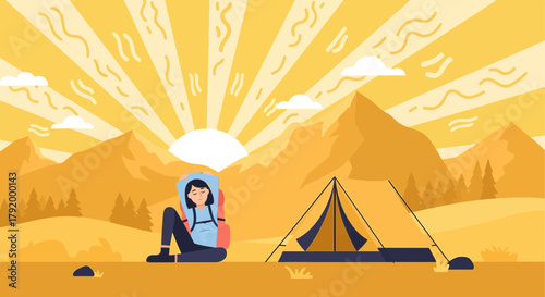 Vector illustration of a female hiker resting at campsite with mountain background