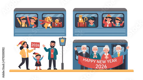 New Year Train Journey: A collection of scenes depicting people and a dog traveling on a train, celebrating the upcoming New Year in 2026, with joyful passengers and a welcoming banner.