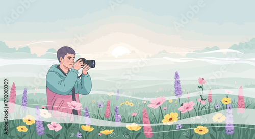 Photographer capturing the beauty of nature amidst blooming flower field