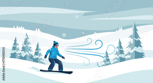 Snowboarder navigates a brisk winter landscape adorned with coniferous trees