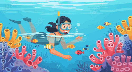 Enchanting underwater scene: A snorkeler's vibrant encounter with coral reefs