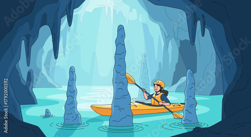 Kayaking adventure through a mystical cave with striking rock formations