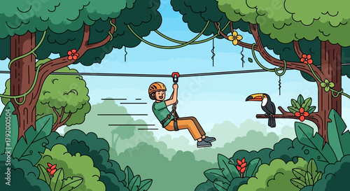 Cartoon illustration of a person zip-lining through a lush tropical rainforest