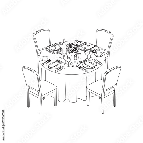 Hand drawn chalk round table and chairs with vase and flowers illustration. Tablescape wedding dinner with wine glasses, plates drawings for wedding invitations, cafe menus and parties in doodle style