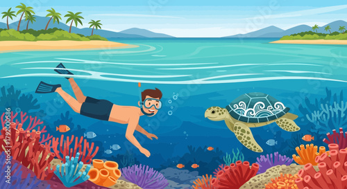 Cartoon illustration of a snorkeler with sea turtle in tropical ocean