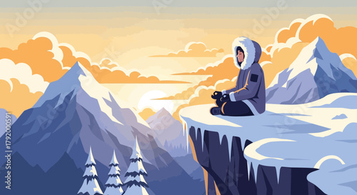 Serene Meditation: Woman Finding Peace Atop a Snowy Mountain Peak at Sunrise