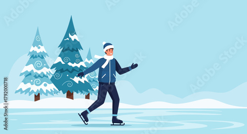 Delightful winter scene: Man ice skating on a frozen lake with snowy pines