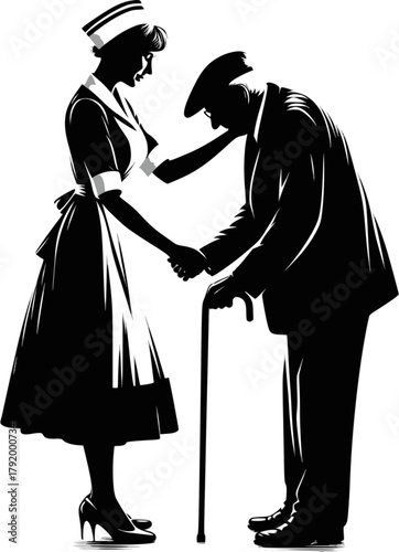 Nurse aiding an elderly man, black vector silhouette. Design for healthcare websites, educational materials, or non-profit branding. EPS version.