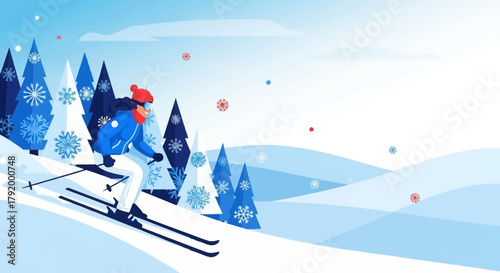 Energetic downhill skiing adventure illustration in a serene snowy landscape