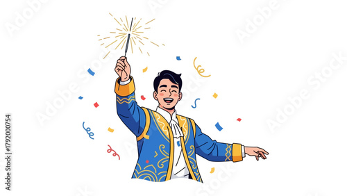 Enchanting Moment: A joyous man in a festive attire, holds a sparkler amid a flurry of colorful confetti. He is immersed in a moment of pure celebration and magic.